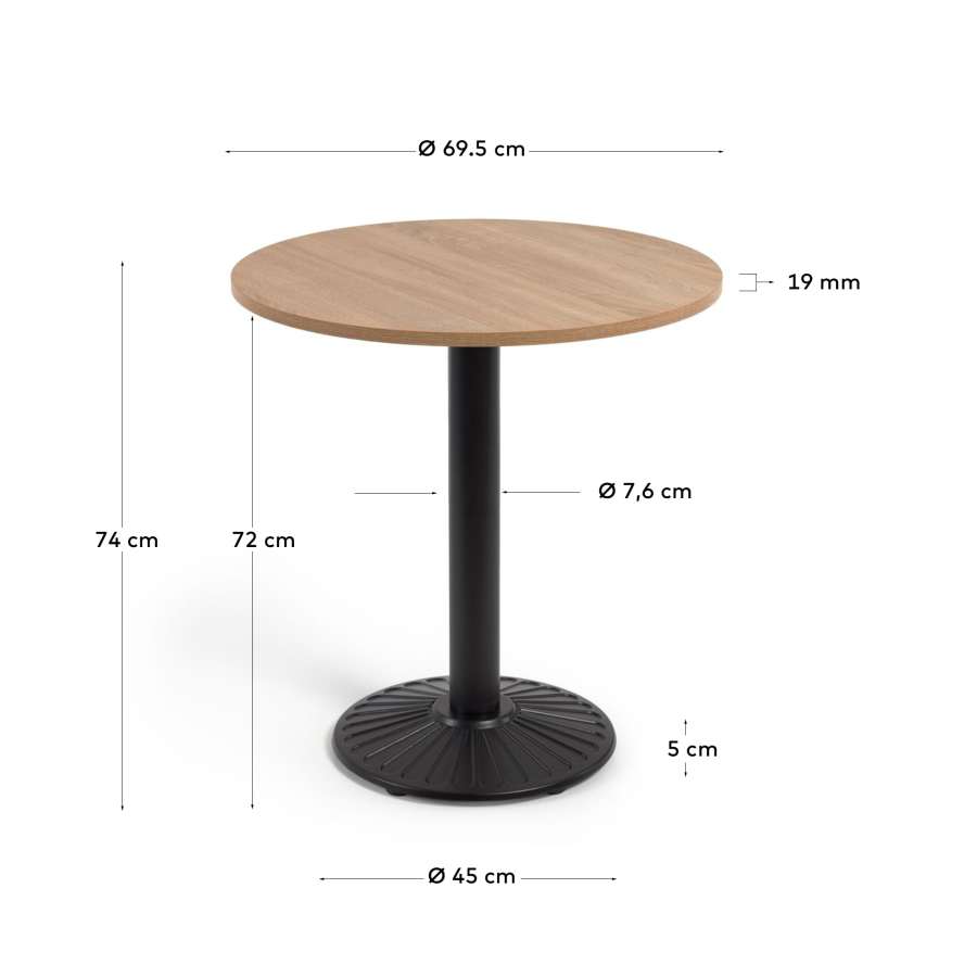 Tiaret round melamine table in natural finish with metal leg in a black finish, Ø 69,5 cm