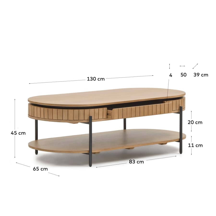 Licia mango wood coffee table with 1 drawer, with a natural finish and metal, 130 x 65 cm