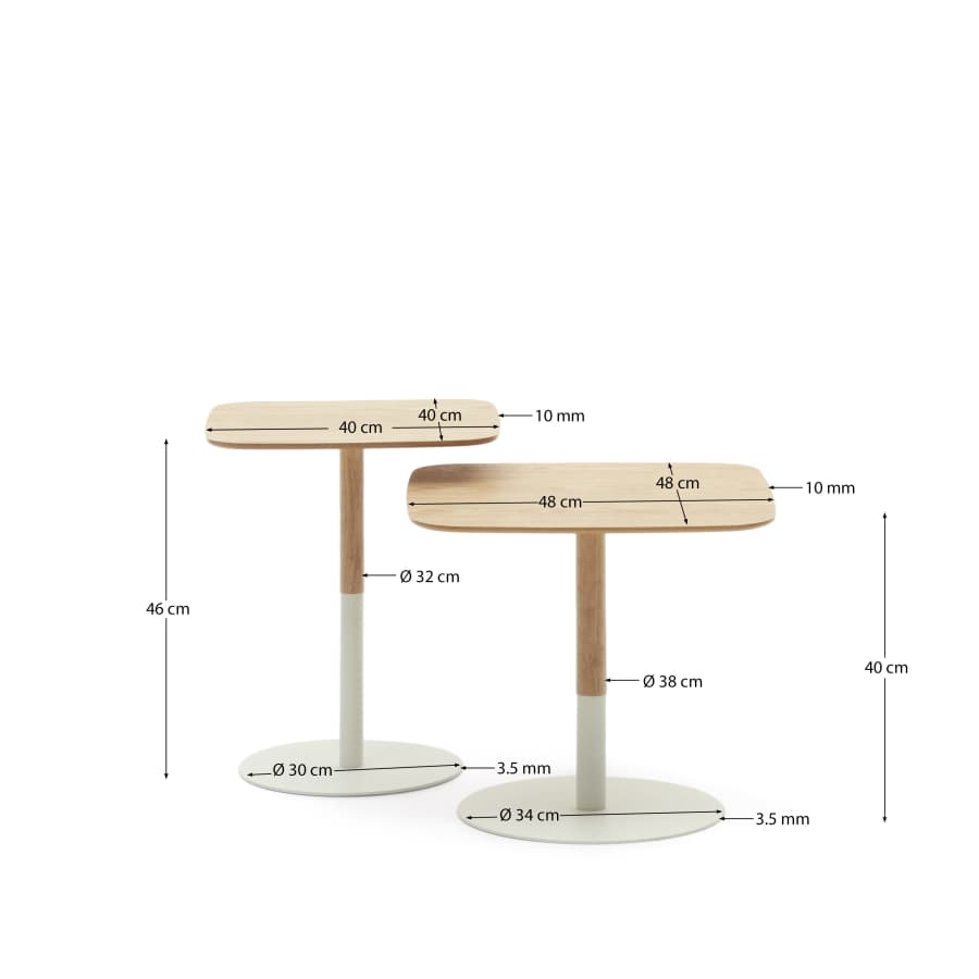 Watse set of 2 side tables in oak wood veneer and matte white metal