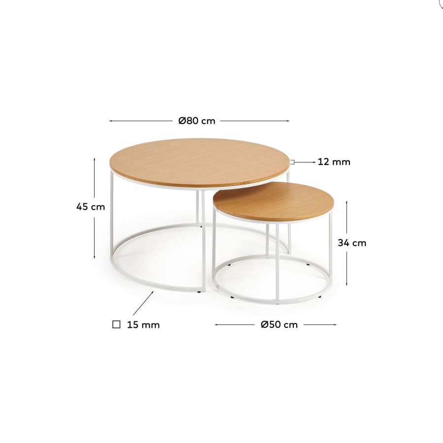 Ensemble 2 tables d'appoint gigognes Yoana en placage de chêne et métal blanc Ø80 m/Ø50cm
