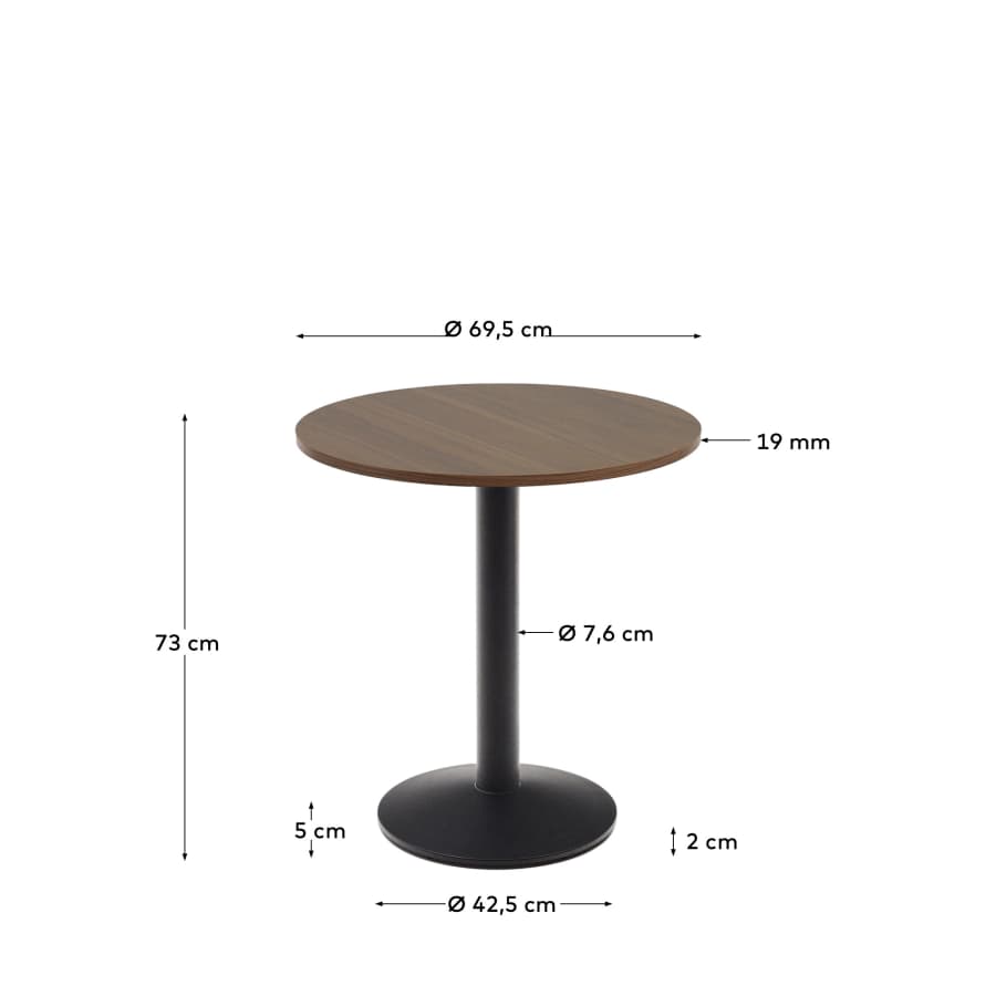 Esilda round table in walnut finish melamine with metal leg in a painted black finish, Ø70x70 cm