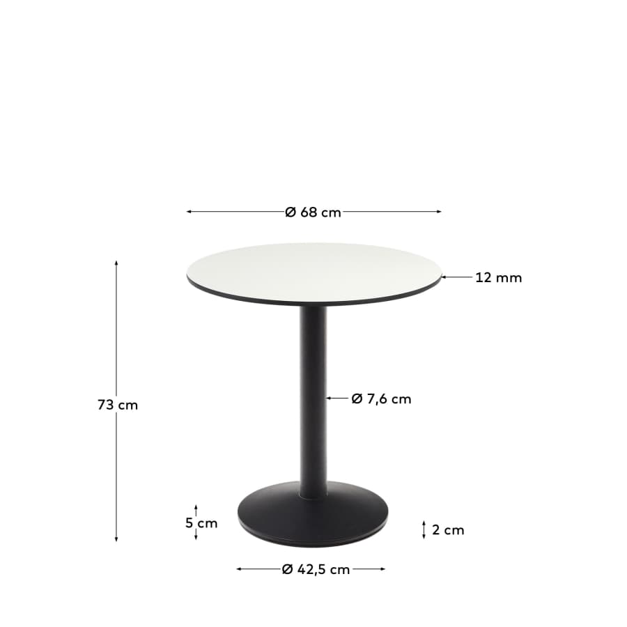 Esilda round outdoor table in white with metal leg in a painted black finish, Ø 70 x 70 cm
