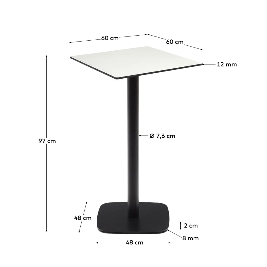 Dina high outdoor table in white with metal leg in a painted black finish, 60x60x96 cm