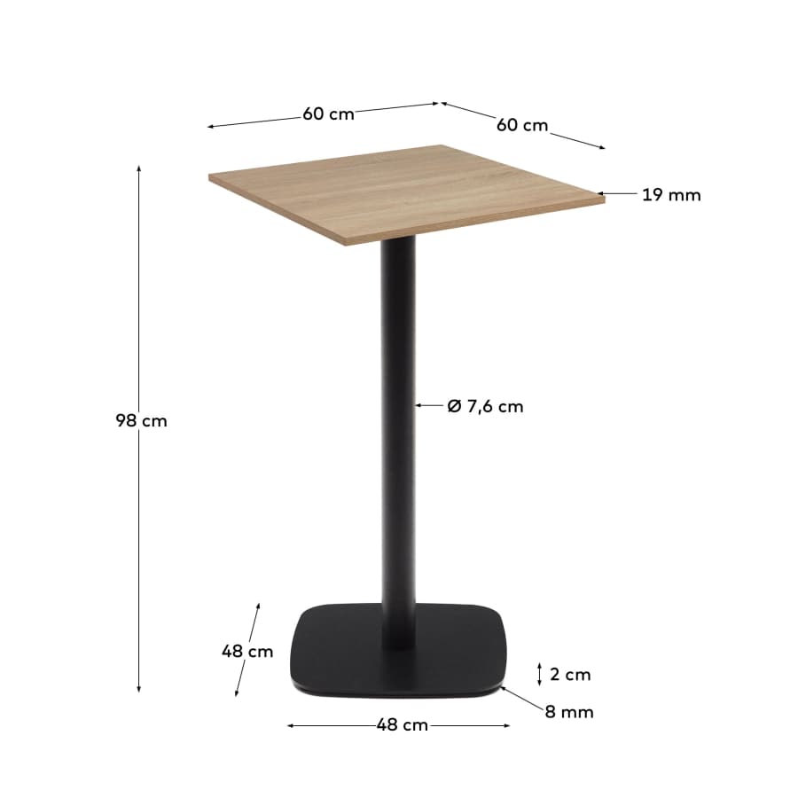 Dina high table in natural finish melamine with metal leg in a painted black finish, 60x60x96 cm