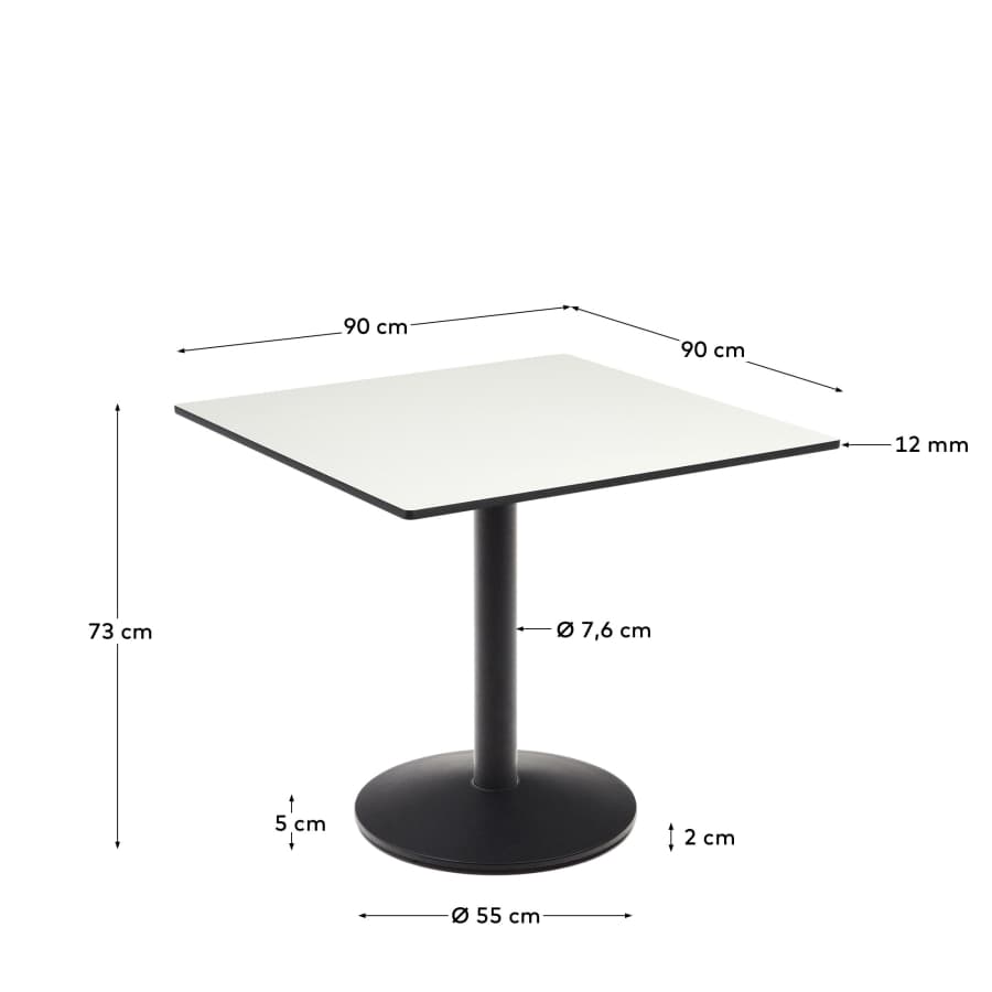 Esilda outdoor table in white with metal leg in a painted black finish, 90 x 90 x 70 cm