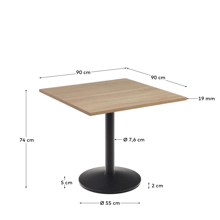 Esilda  table in natural finish melamine with metal leg in a painted black finish, 90x90x70 cm
