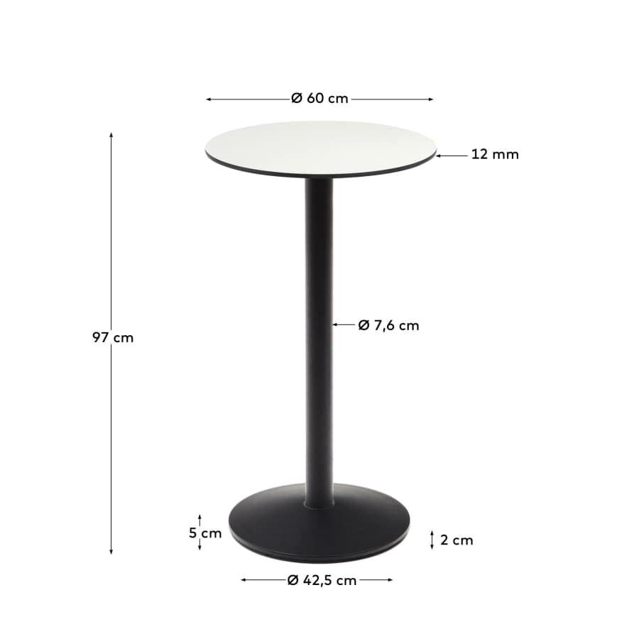 Esilda high round outdoor table in white with metal leg in a painted black finish, Ø 60 x 96 cm