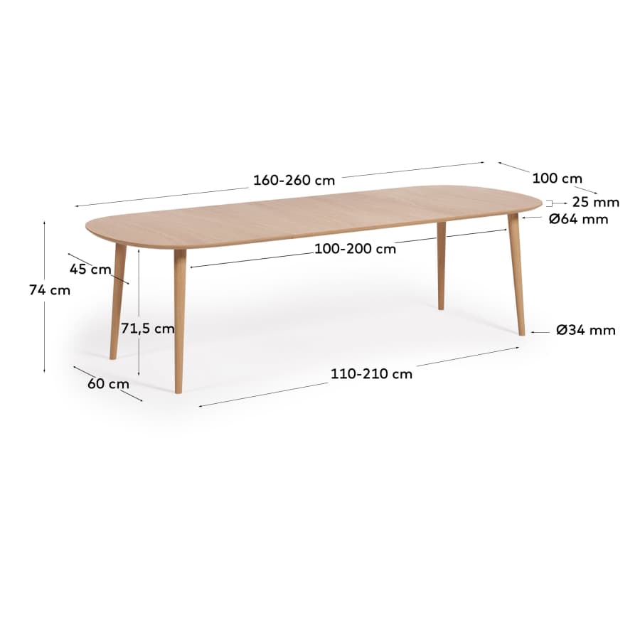 Tavolo allungabile Oqui impiallacciato rovere gambe in legno massello 160 (260) x 100cm