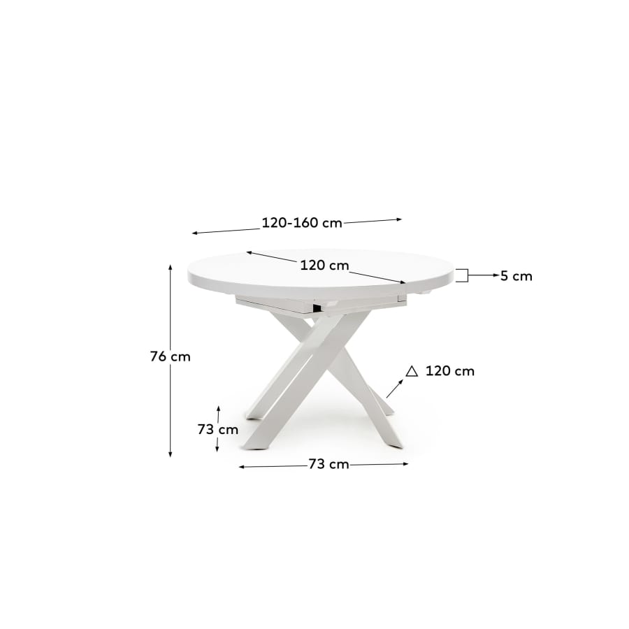 Vashti extendable round table in glass and MDF with steel legs in white, Ø 120(160)x120cm