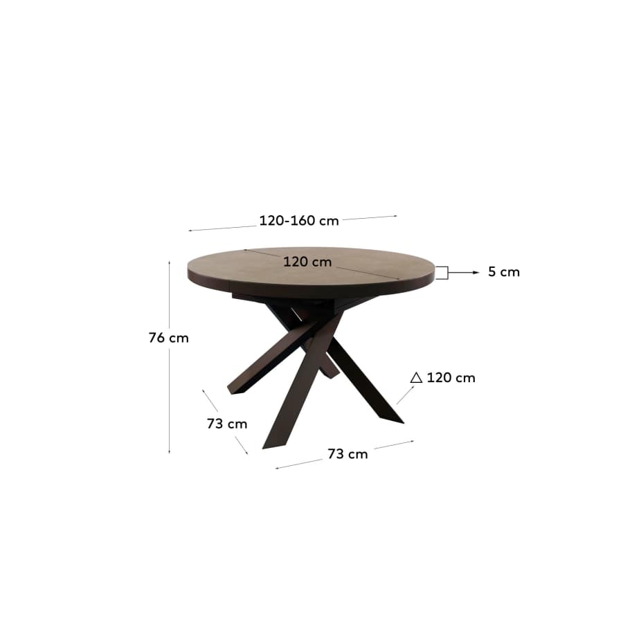 Vashti round extendable table, porcelain and steel legs with a brown finish, Ø 120(160) cm