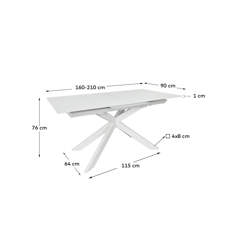 Atminda extendable table in glass and MDF with steel legs in white, 160 (210) x 90 cm