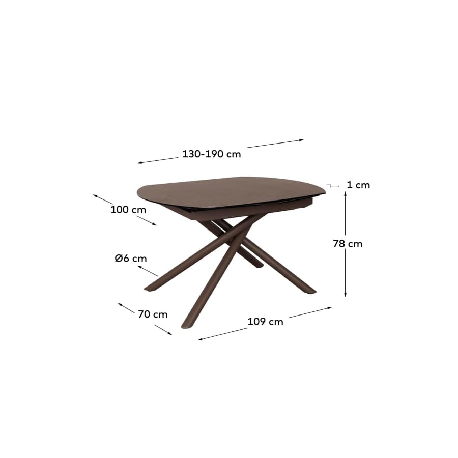 Yodalia extendable table, porcelain and steel legs with a brown finish, 130 (190) x 100 cm