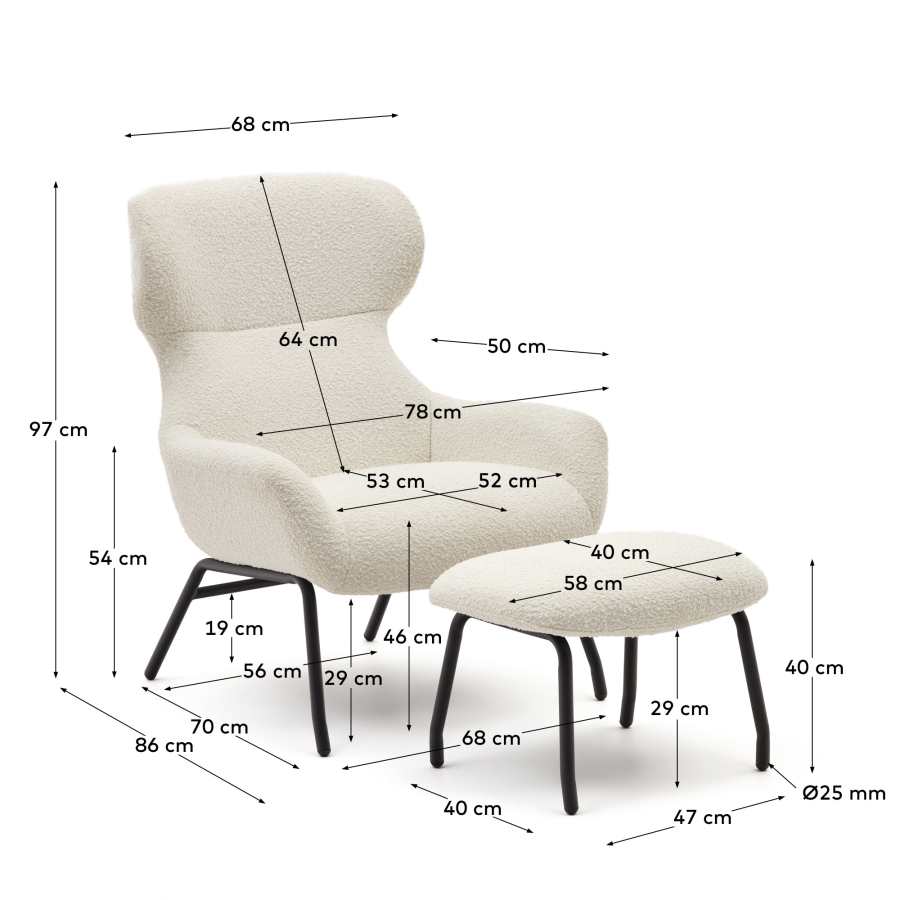 Belina Sessel mit Fußablage aus weißem Bouclé und Stahl mit schwarzem Finish