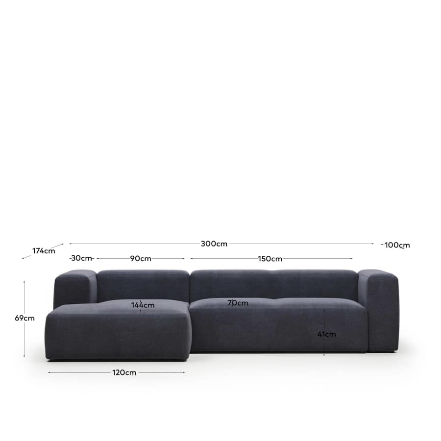 Blok fire-retardant 3-seater sofa with left chaise longue in blue chenille 300cm