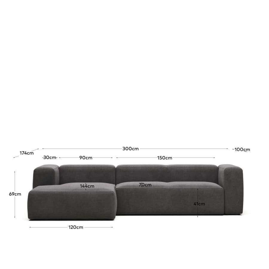 Blok 3 seater sofa with left side chaise longue in grey, 300 cm FR