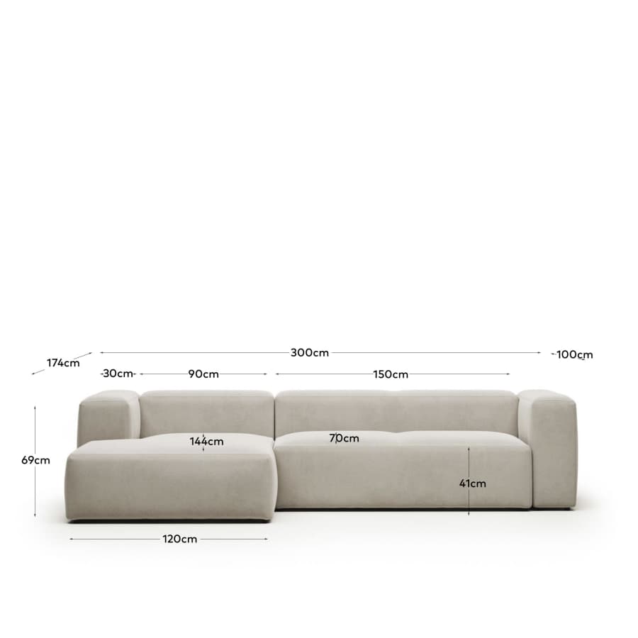 Blok fire-retardant 3-seater sofa with left chaise longue in white chenille 300cm