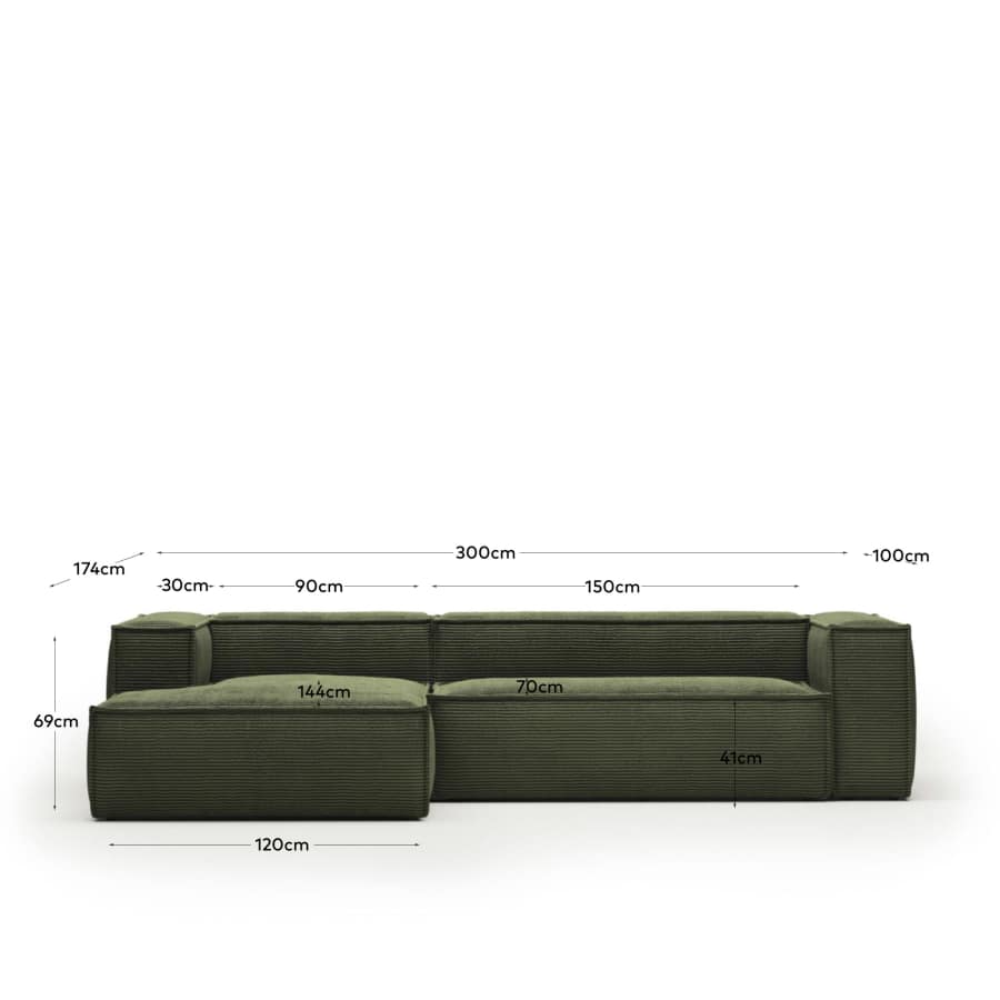 3-Sitzer-Sofa Blok mit Chaiselongue links, schwer entflammbar mit dickem, grünen Cord, 300 cm, FSC Mix Credit