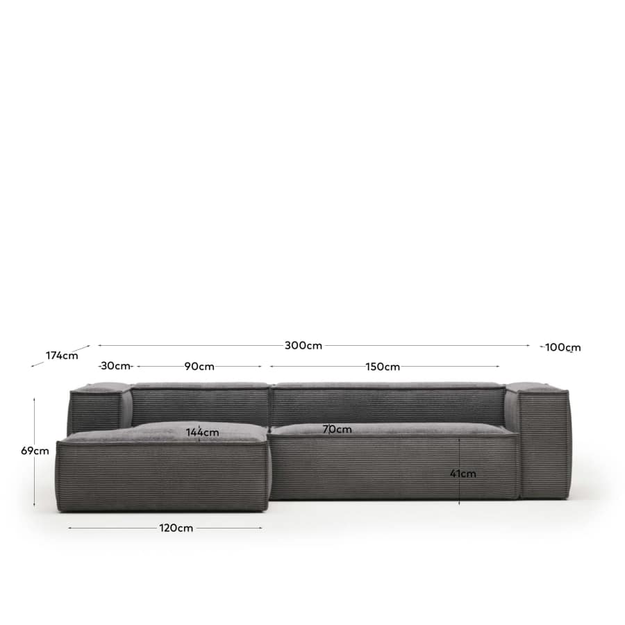 Blok fire-retardant 3-seater sofa with left chaise longue in thick grey corduroy 300cm