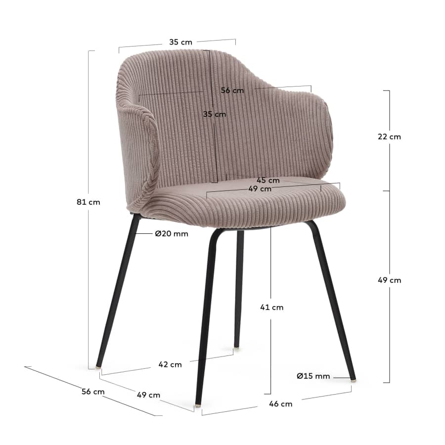 Yunia chair in wide seam pink corduroy with steel legs in a painted black finish FR