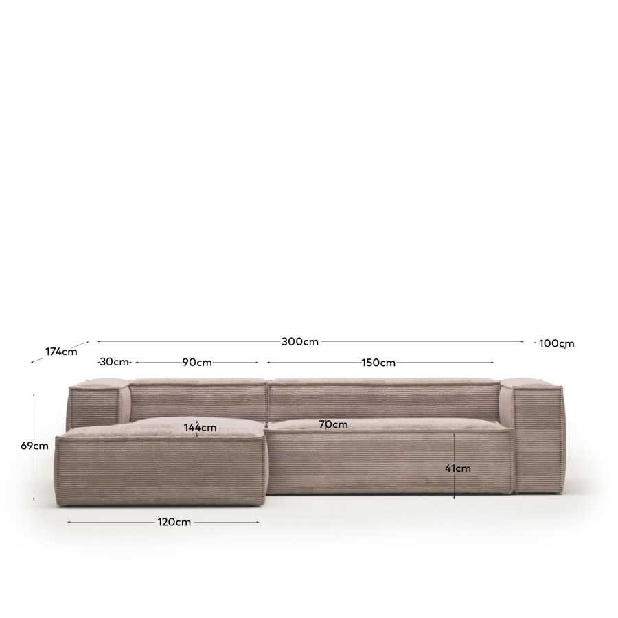 Blok fire-retardant 3-seater sofa with left chaise longue in thick pink corduroy 300cm