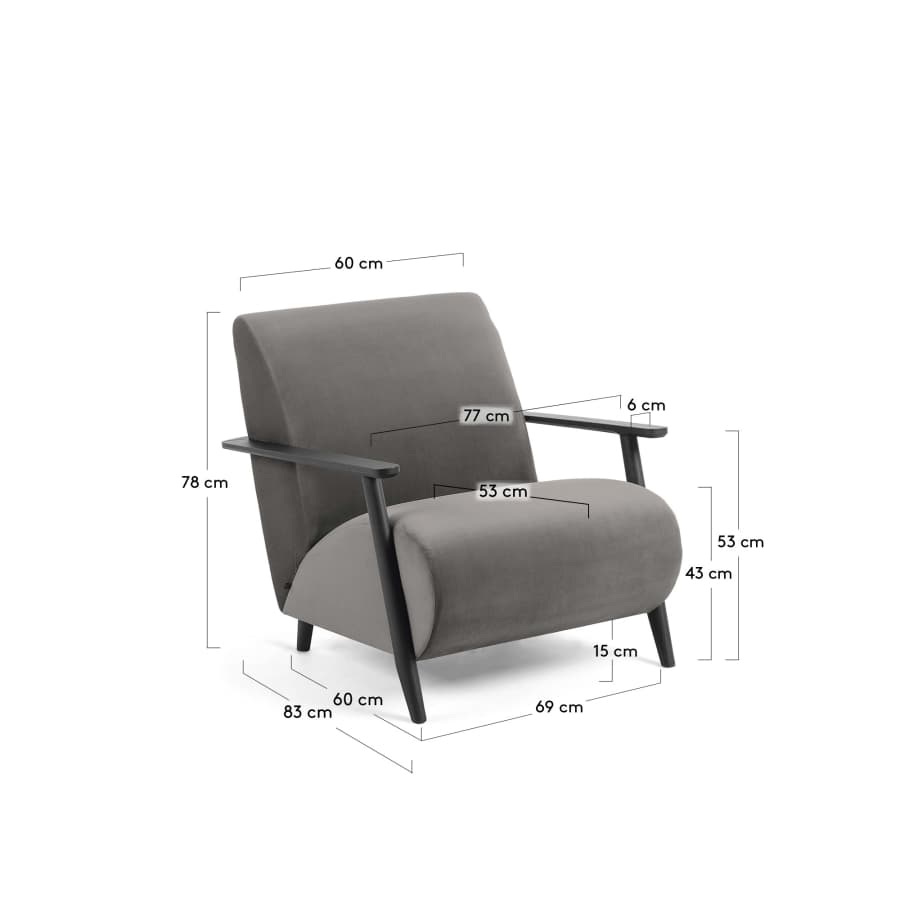Meghan armchair in grey velvet with solid ash legs with wenge finish
