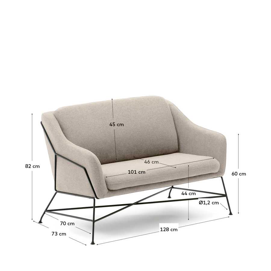 Brida 2-seater sofa in beige and steel legs with black finish, 128 cm