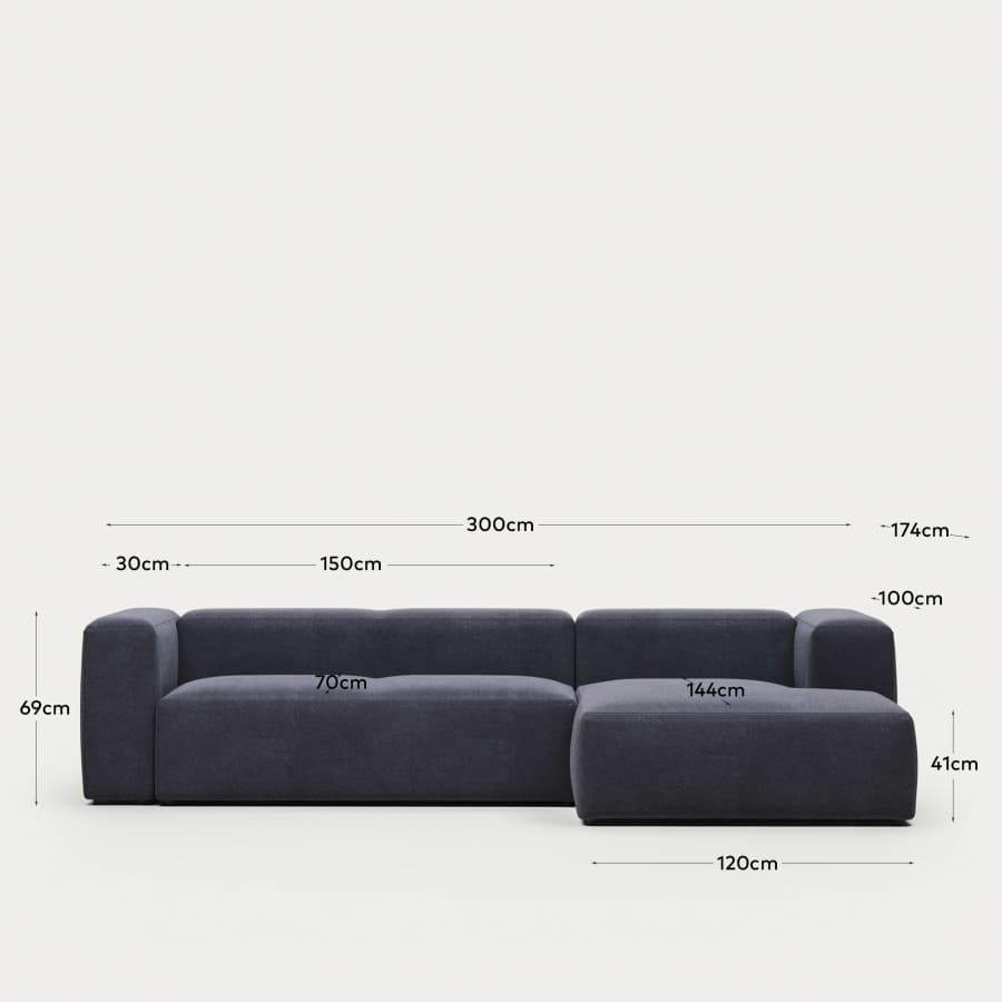 Blok fire-retardant 3-seater sofa with right chaise longue in blue chenille 300cm