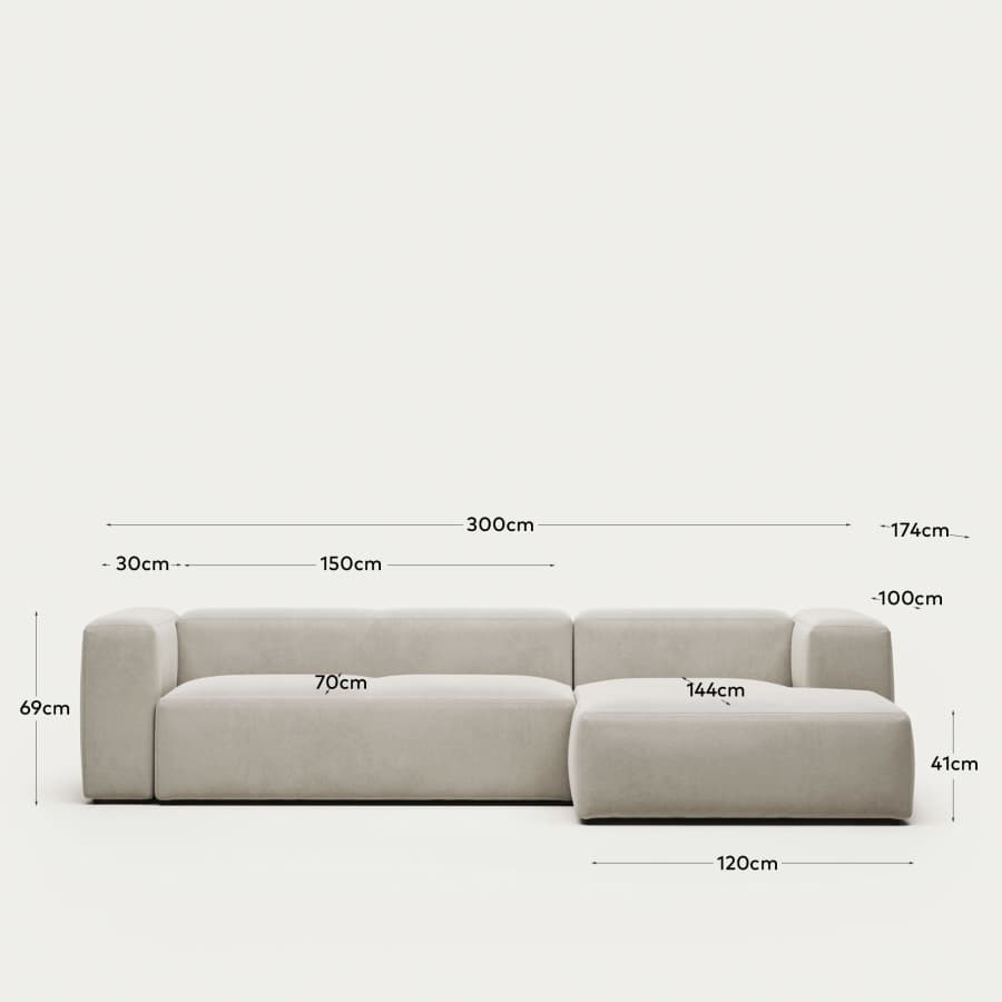 Blok fire-retardant 3-seater sofa with right chaise longue in white chenille 300cm