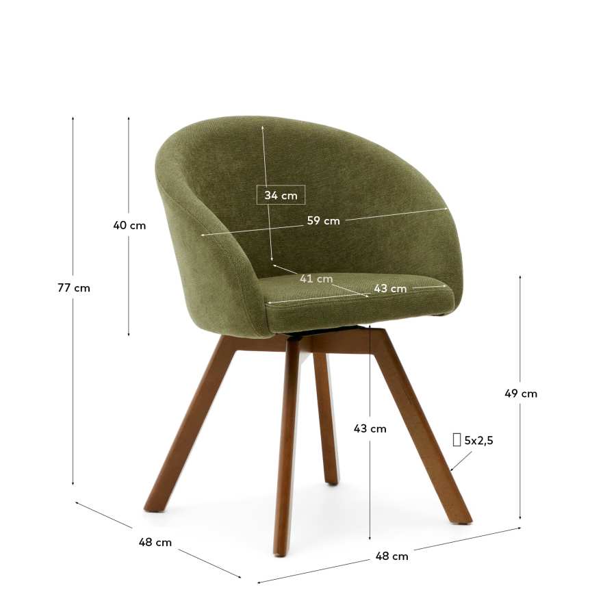 Chaise giratoire Marvin en chenille verte et pieds en bois de chêne finition noyer FSC 100%