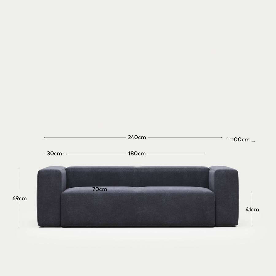Blok fire-retardant 3-seater sofa in blue chenille 240cm