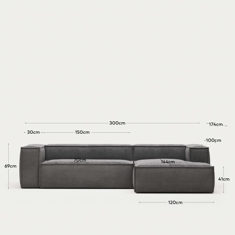 Blok 3 seater sofa with right side chaise longue in grey corduroy, 300 cm