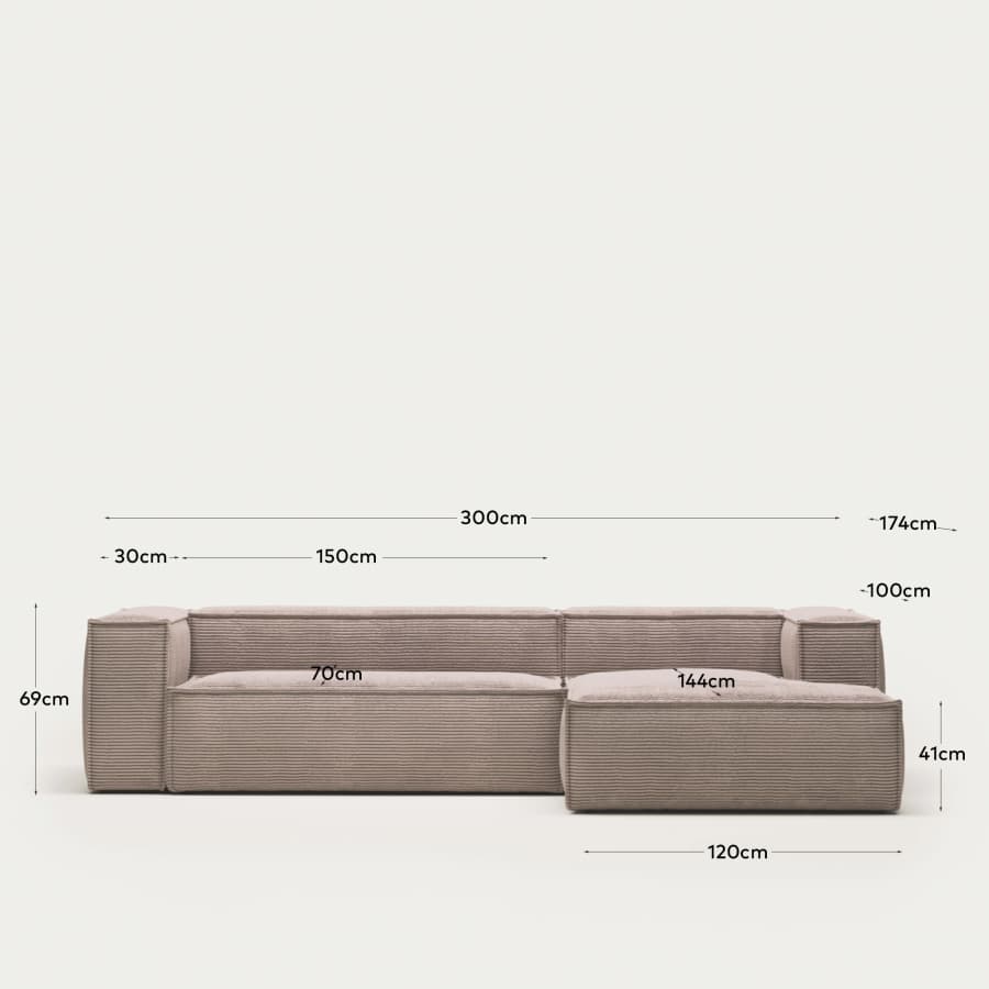 Blok fire-retardant 3-seater sofa with right chaise longue in thick pink corduroy 300cm