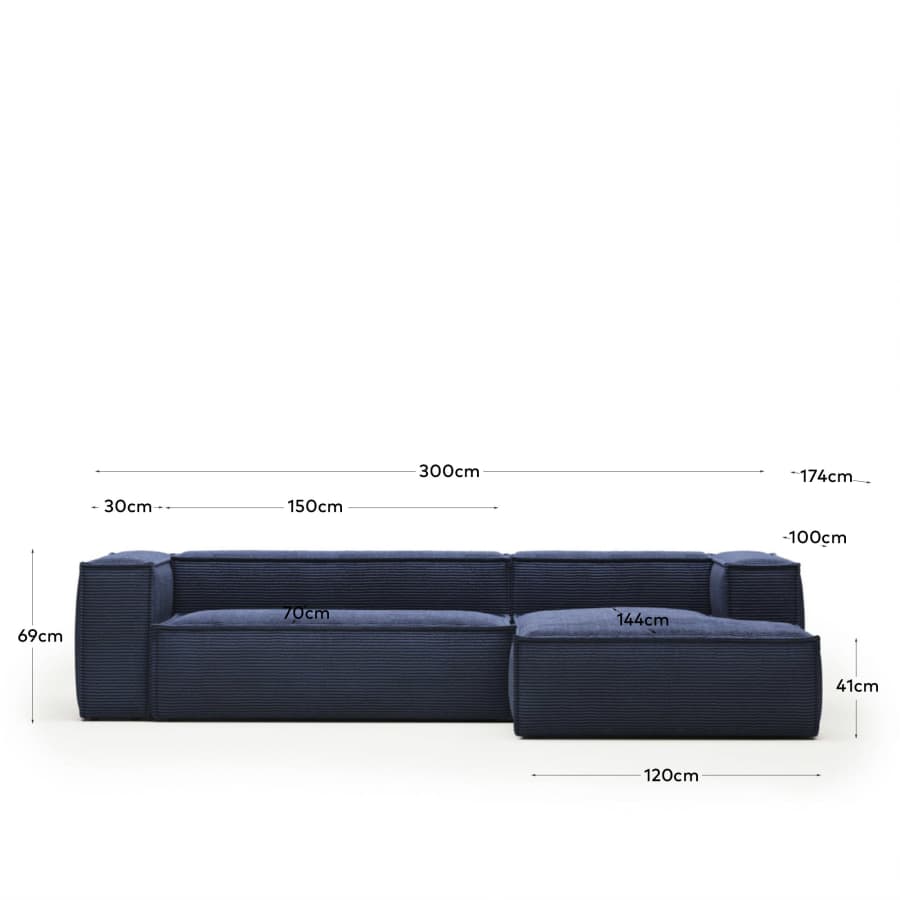 Blok fire-retardant 3-seater sofa with right chaise longue in thick blue corduroy 300cm FSC Mix Credit