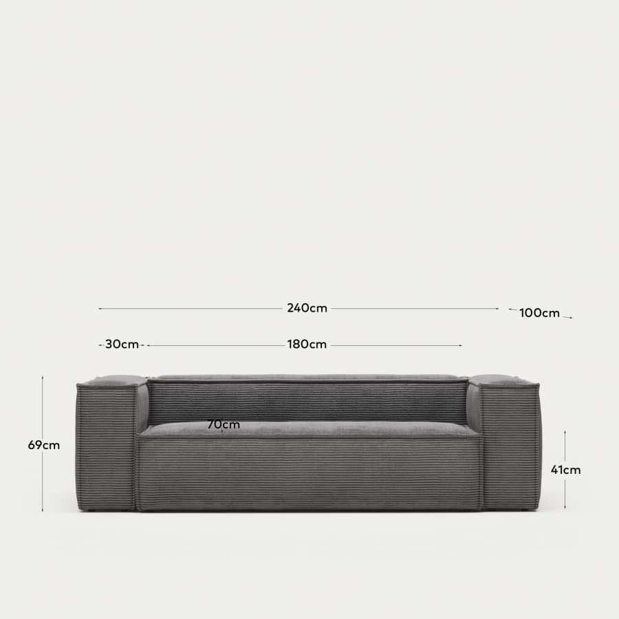 Blok fire-retardant 3-seater sofa in thick grey corduroy 240cm FSC Mix Credit
