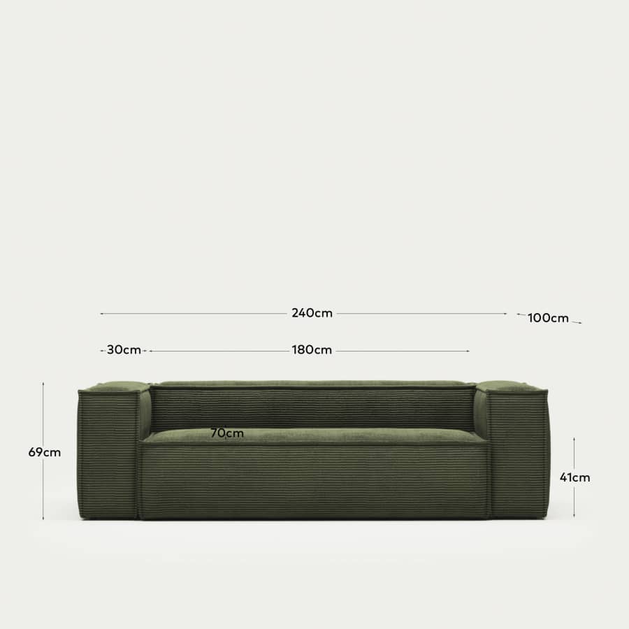 Blok fire-retardant 3-seater sofa in thick green corduroy 240cm FSC Mix Credit