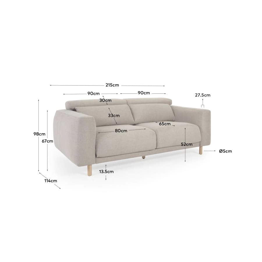 Canapé Singa 3 places avec appui-tête inclinable et siège extensible beige 215 cm FSC Mix Credit