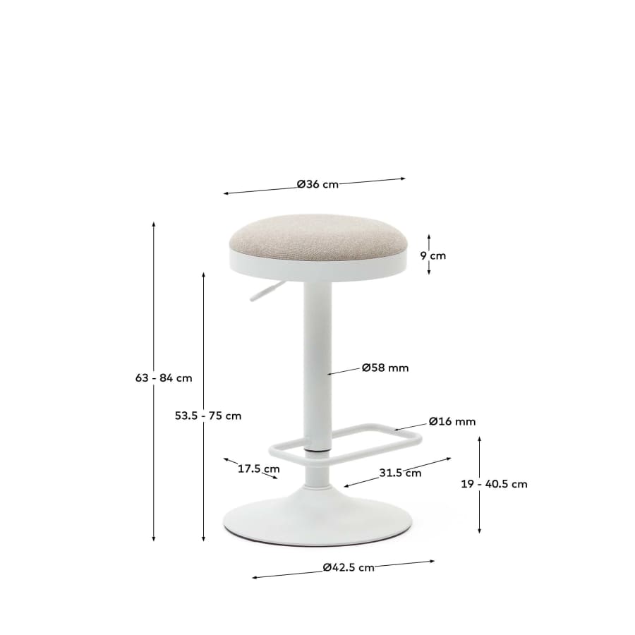 Zaib stool in beige chenille and matt white steel height 63-84 cm FSC 100%