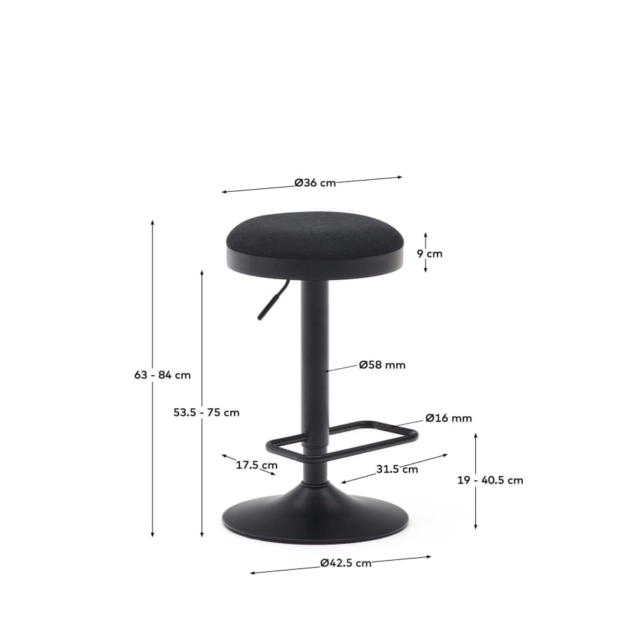 Zaib stool in black chenille and matt black steel height 63-84 cm FSC 100%