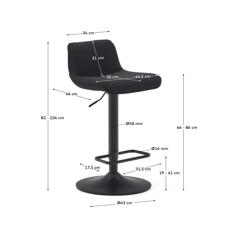 Zenda stool in black chenille and matt black steel 81-102 cm FSC 100%