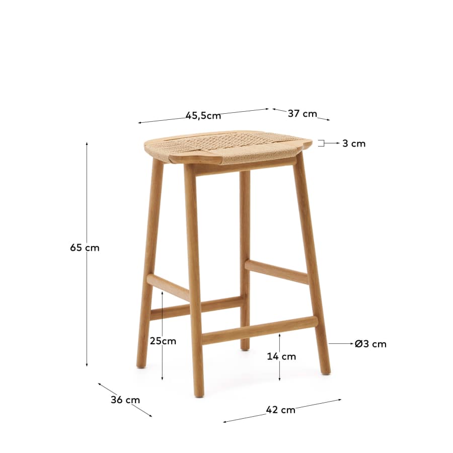 Enit stool made of beige paper cord and solid oak wood with natural finish, 65cm FSC Mix Credit