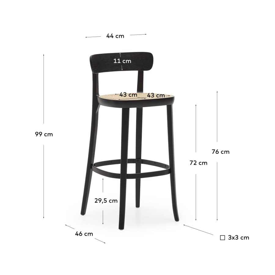 Romane beechwood stool with a black finish, ash wood veneer and ratan seat height 75 cm