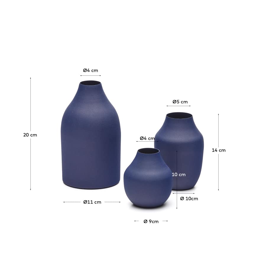 Pubol set of 3 metal vases in blue, 10 cm 14 cm 20 cm