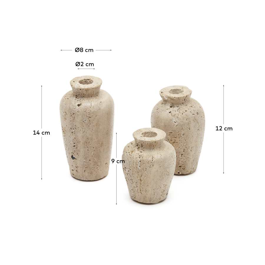 Malch set of 3 beige travertine vases Ø 9 cm / Ø 12 cm / Ø 14 cm