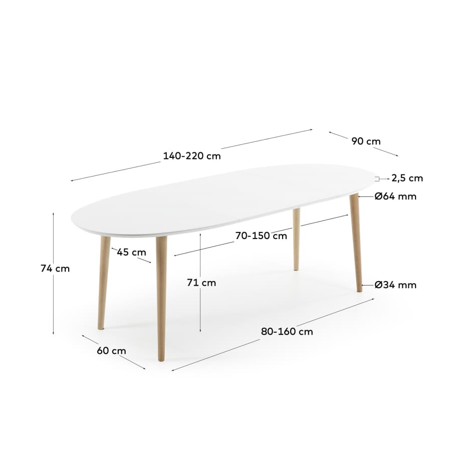 Taula extensible oval Oqui MDF lacat blanc i potes fusta massissa faig 140 (220) x 90 cm