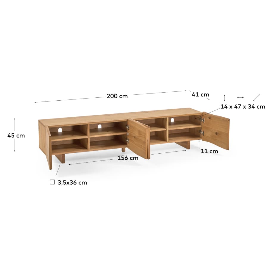 Rasha 4 door TV stand in oak veneer with natural finish, 200 x 45 cm