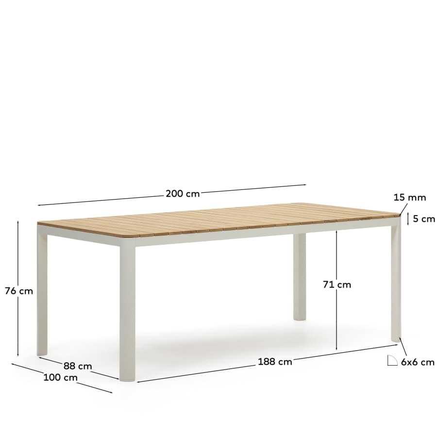 Bona aluminium and solid teak table, 100% outdoor suitable with white finish, 200 x 100 cm