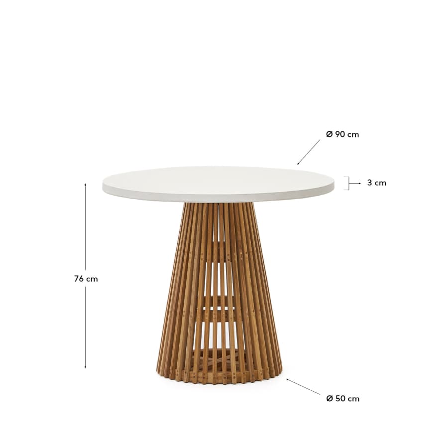 Alcaufar round outdoor table made of solid teak wood and white cement Ø 90 cm