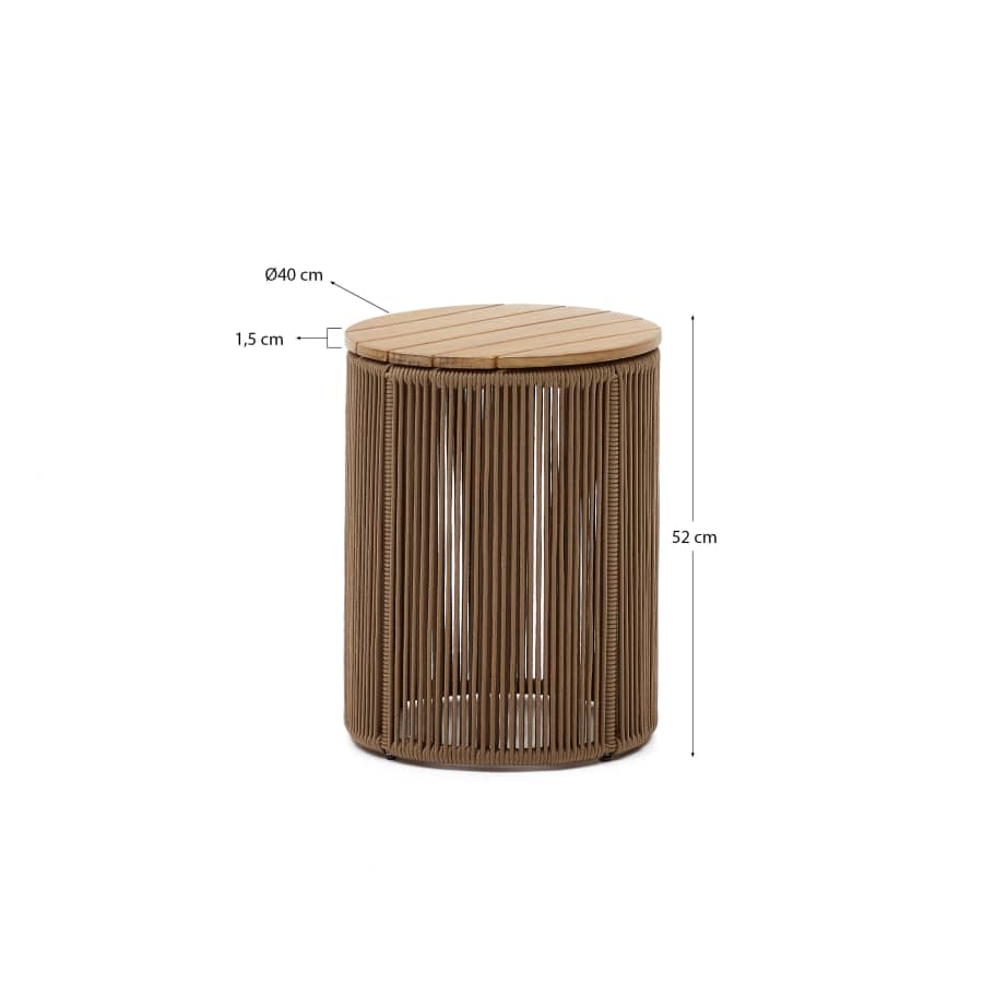 Dandara side table made of steel, beige cord and solid acacia wood, Ø40 cm FSC 100%