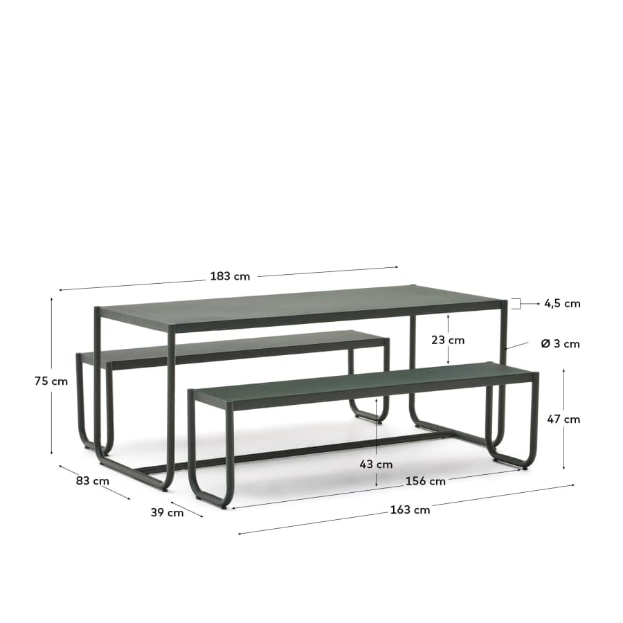 Sotil Set of 2 Benches and Galvanized Steel Table with Green Finish 183 x 83 cm