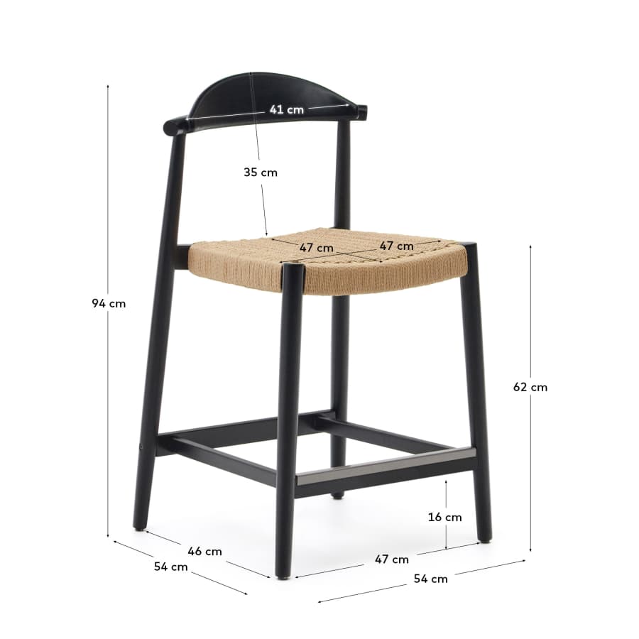 Nina stool made of solid acacia wood with black finish and beige rope height 62 cm